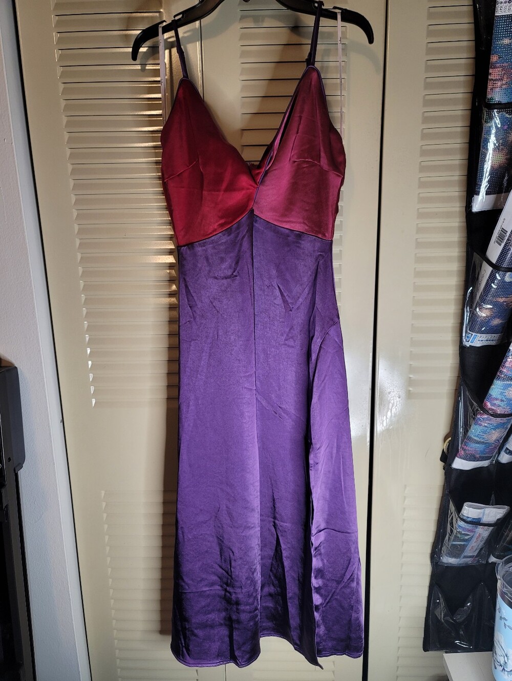 NWT Lulus Midi Dress S Chic Combo Purple Color Block Satin Twist-Front